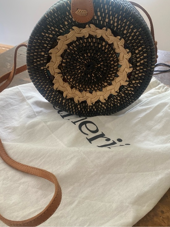 Amerii Handbags - Round Canteen Navy and Natural Woven Crossbody Bag with Tan Leather Strap